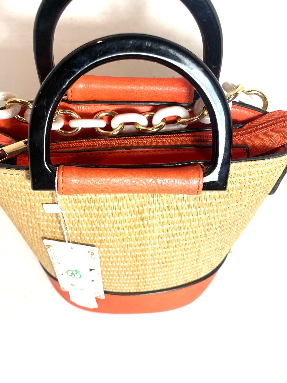 NWT Straw Tote Handbag Orange Vegan Leather Crossbody 3-Piece Set - Picture 10 of 12